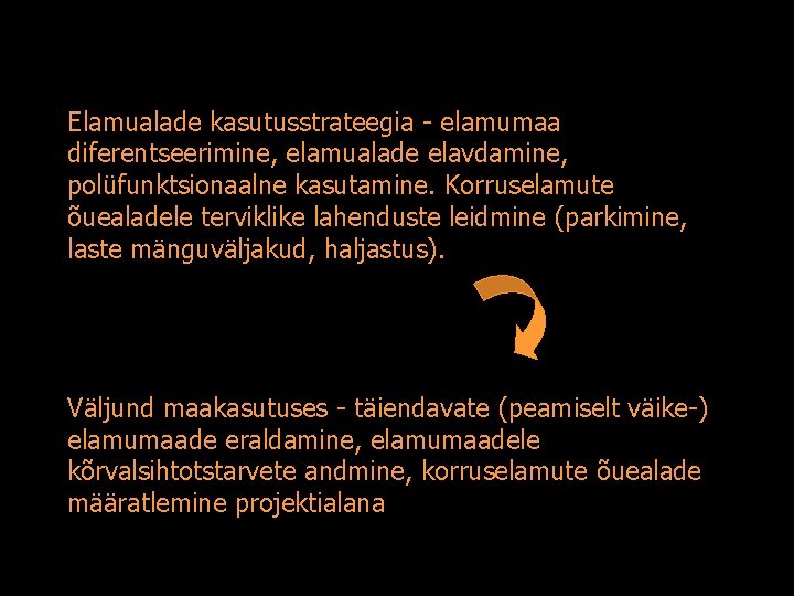 Elamualade kasutusstrateegia - elamumaa diferentseerimine, elamualade elavdamine, polüfunktsionaalne kasutamine. Korruselamute õuealadele terviklike lahenduste leidmine