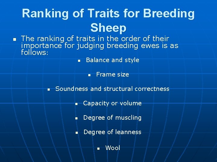 Ranking of Traits for Breeding Sheep n The ranking of traits in the order Ranking of Traits for Breeding Sheep n The ranking of traits in the order