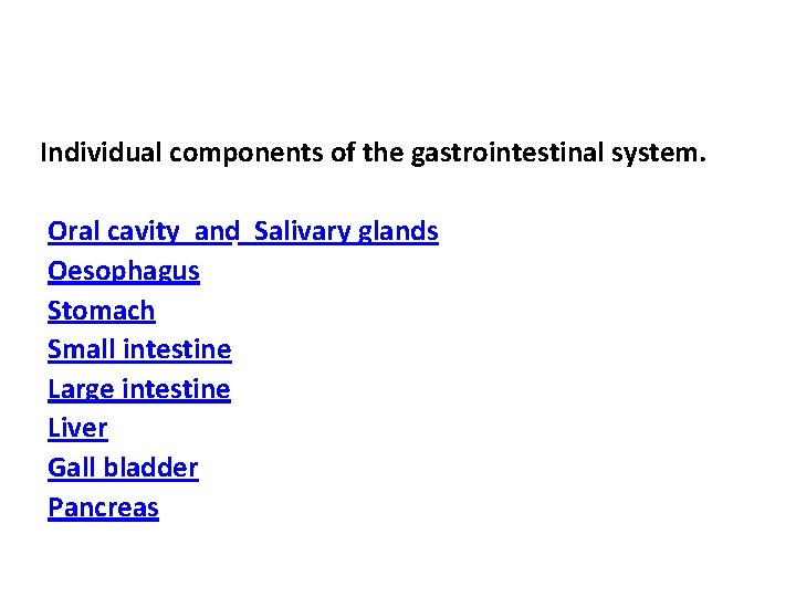 Individual components of the gastrointestinal system. Oral cavity and Salivary glands Oesophagus Stomach Small