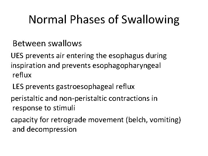 Normal Phases of Swallowing Between swallows UES prevents air entering the esophagus during inspiration