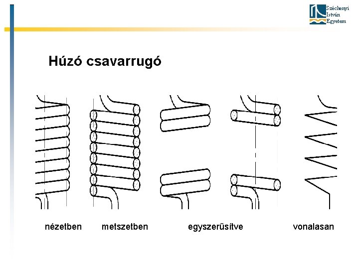 Széchenyi István Egyetem Húzó csavarrugó nézetben metszetben egyszerűsítve vonalasan 