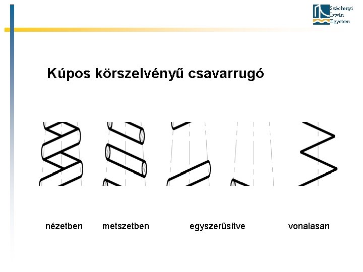 Széchenyi István Egyetem Kúpos körszelvényű csavarrugó nézetben metszetben egyszerűsítve vonalasan 