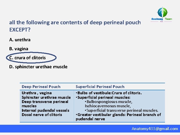 all the following are contents of deep perineal pouch EXCEPT? A. urethra B. vagina