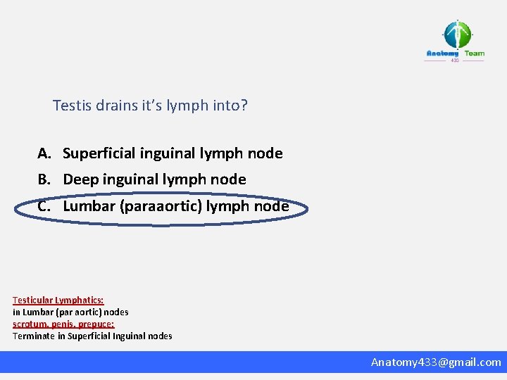 Testis drains it’s lymph into? A. Superficial inguinal lymph node B. Deep inguinal lymph