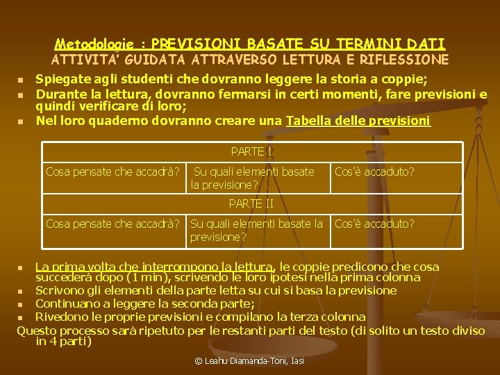 Metodologie : PREVISIONI BASATE SU TERMINI DATI ATTIVITA’ GUIDATA ATTRAVERSO LETTURA E RIFLESSIONE n