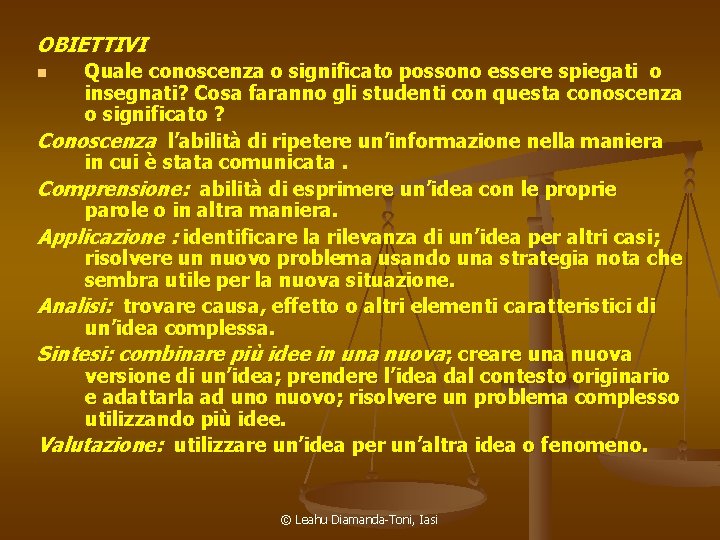 OBIETTIVI Quale conoscenza o significato possono essere spiegati o insegnati? Cosa faranno gli studenti