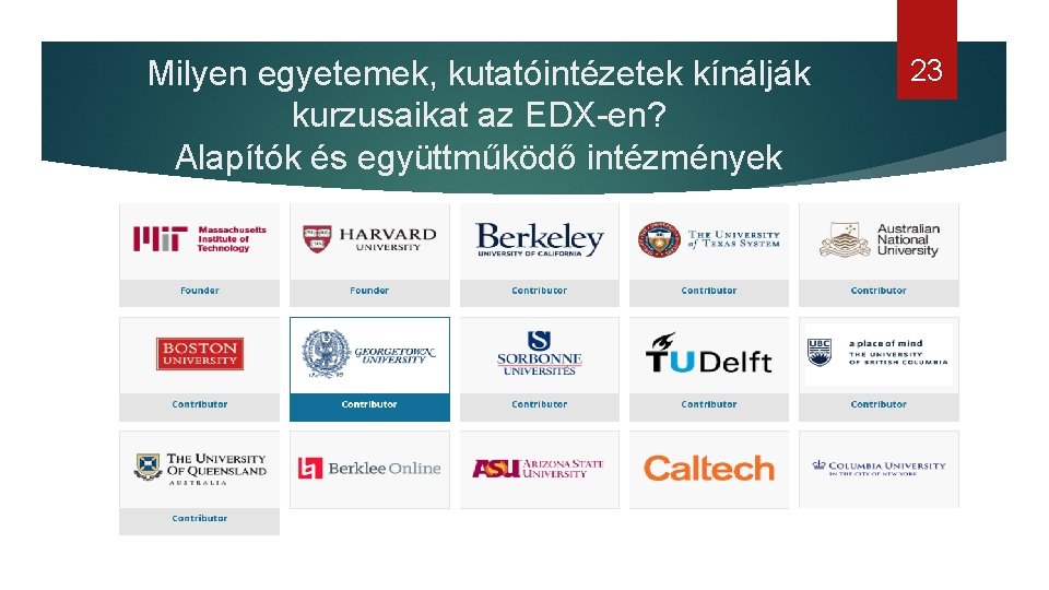 Milyen egyetemek, kutatóintézetek kínálják kurzusaikat az EDX-en? Alapítók és együttműködő intézmények 23 