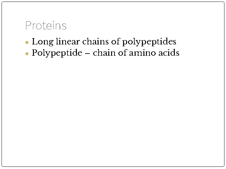 Proteins ● Long linear chains of polypeptides ● Polypeptide – chain of amino acids