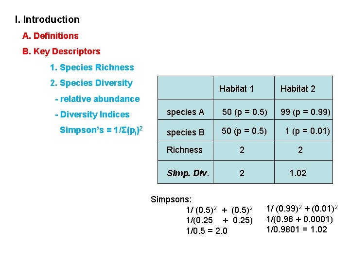 I. Introduction A. Definitions B. Key Descriptors 1. Species Richness 2. Species Diversity Habitat I. Introduction A. Definitions B. Key Descriptors 1. Species Richness 2. Species Diversity Habitat