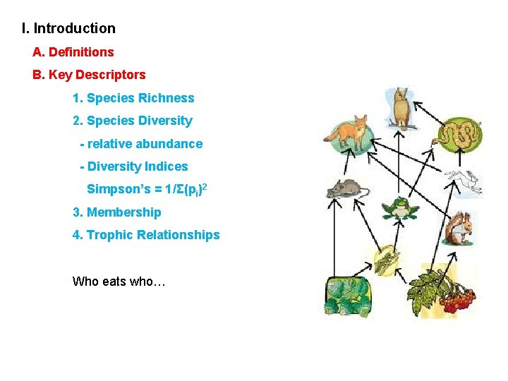 I. Introduction A. Definitions B. Key Descriptors 1. Species Richness 2. Species Diversity - I. Introduction A. Definitions B. Key Descriptors 1. Species Richness 2. Species Diversity -