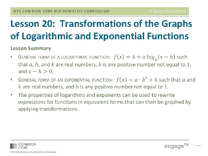 NYS COMMON CORE MATHEMATICS CURRICULUM A Story of Functions Lesson 20: Transformations of the