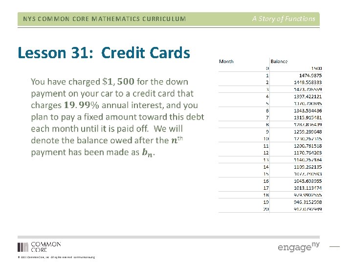 NYS COMMON CORE MATHEMATICS CURRICULUM Lesson 31: Credit Cards © 2012 Common Core, Inc.