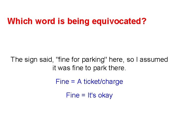 Which word is being equivocated? The sign said, "fine for parking" here, so I