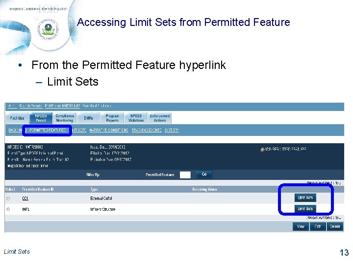 Accessing Limit Sets from Permitted Feature • From the Permitted Feature hyperlink – Limit