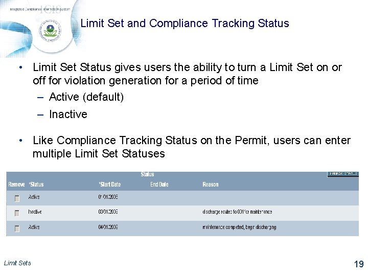 Limit Set and Compliance Tracking Status • Limit Set Status gives users the ability