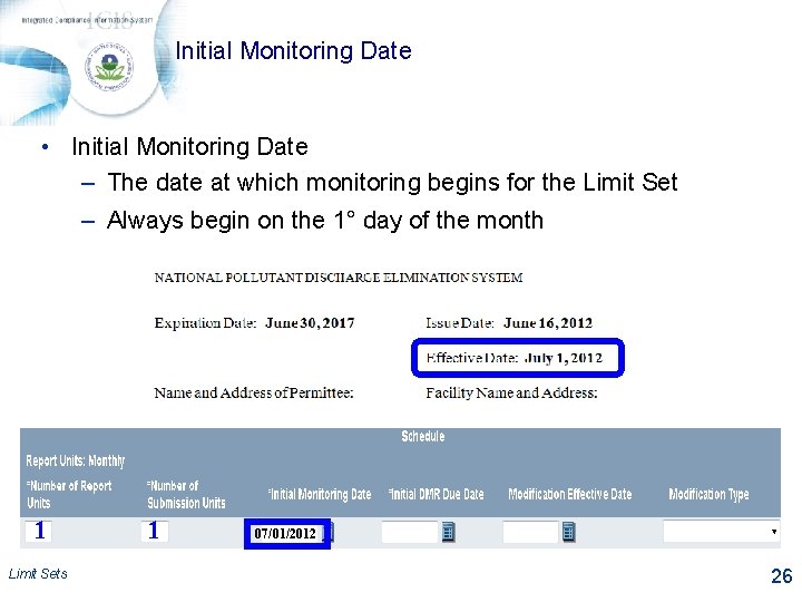 Initial Monitoring Date • Initial Monitoring Date – The date at which monitoring begins