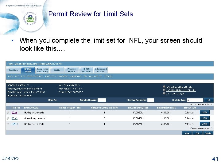 Permit Review for Limit Sets • When you complete the limit set for INFL,