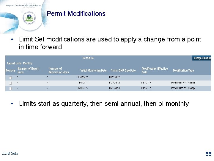 Permit Modifications • Limit Set modifications are used to apply a change from a