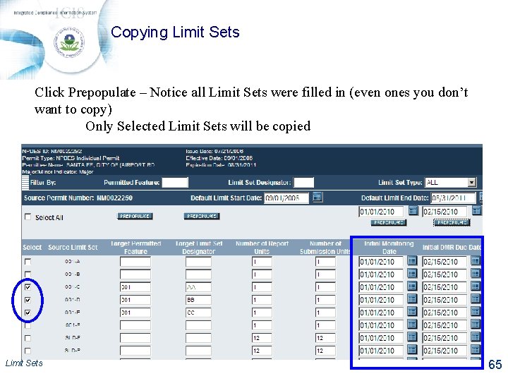 Copying Limit Sets Click Prepopulate – Notice all Limit Sets were filled in (even