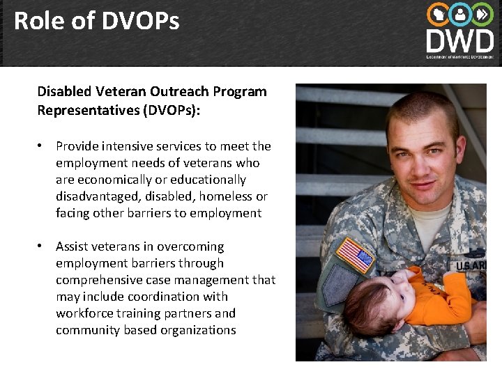 Role of DVOPs Disabled Veteran Outreach Program Representatives (DVOPs): • Provide intensive services to