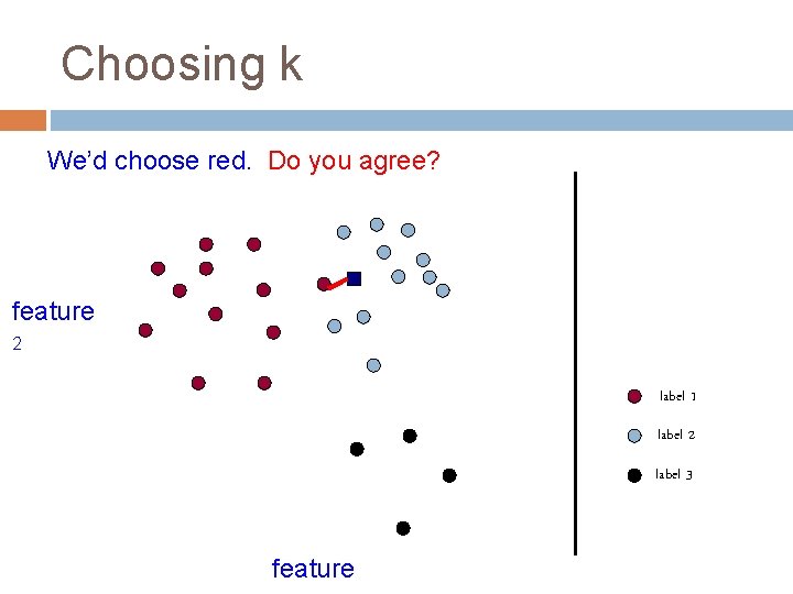 Choosing k We’d choose red. Do you agree? feature 2 label 1 label 2