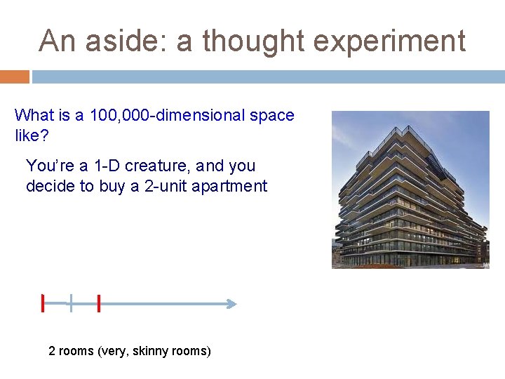 An aside: a thought experiment What is a 100, 000 -dimensional space like? You’re