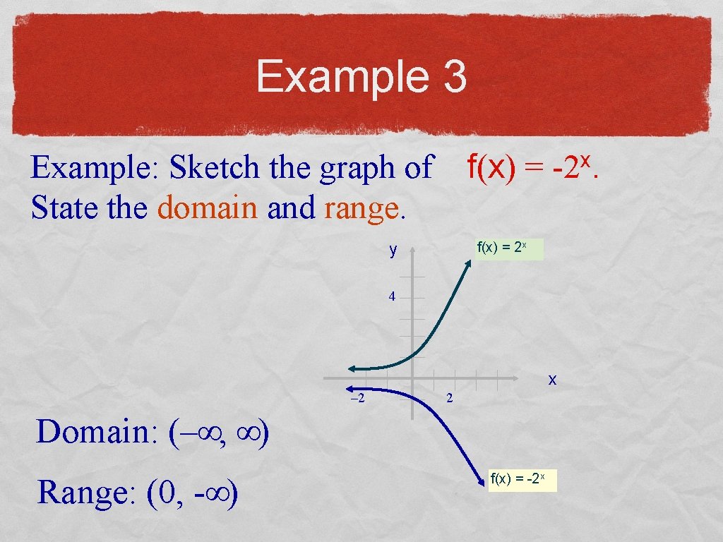 Example 3 f(x) = -2 x. Example: Sketch the graph of State the domain