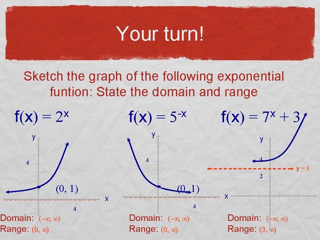 Your turn! Sketch the graph of the following exponential funtion: State the domain and