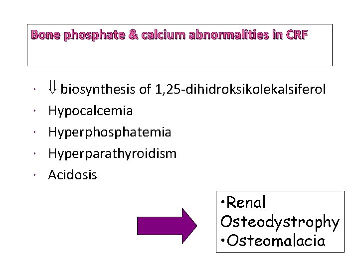 Bone phosphate & calcium abnormalities in CRF biosynthesis of 1, 25 -dihidroksikolekalsiferol Hypocalcemia Hyperphosphatemia