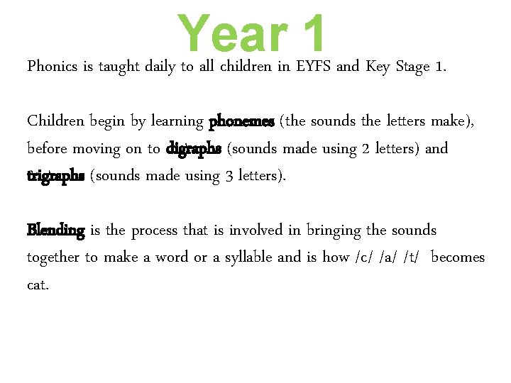 Year 1 Phonics is taught daily to all children in EYFS and Key Stage