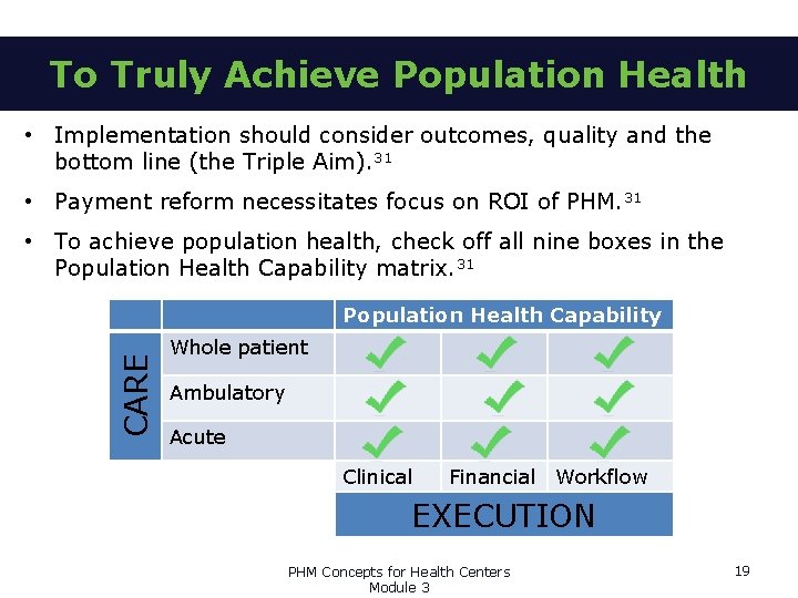 To Truly Achieve Population Health • Implementation should consider outcomes, quality and the bottom