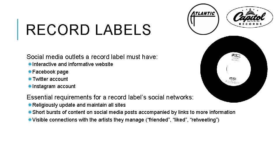 RECORD LABELS Social media outlets a record label must have: Interactive and informative website