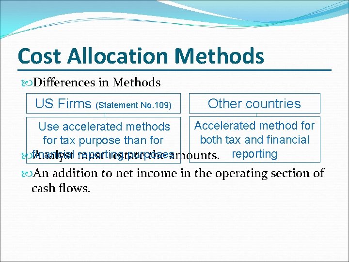 Cost Allocation Methods Differences in Methods US Firms (Statement No. 109) Other countries Accelerated