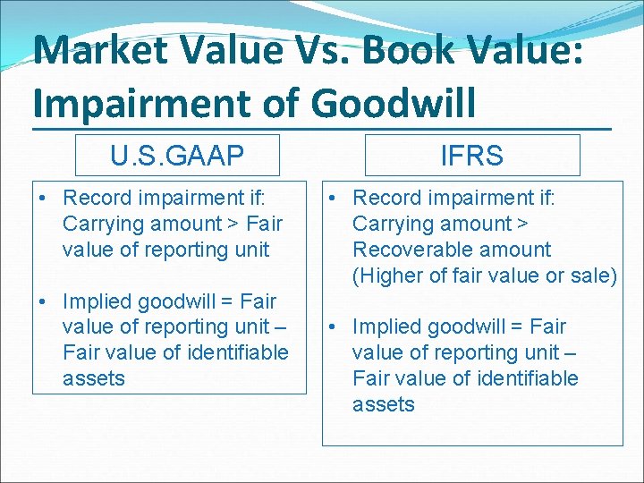 Market Value Vs. Book Value: Impairment of Goodwill U. S. GAAP • Record impairment