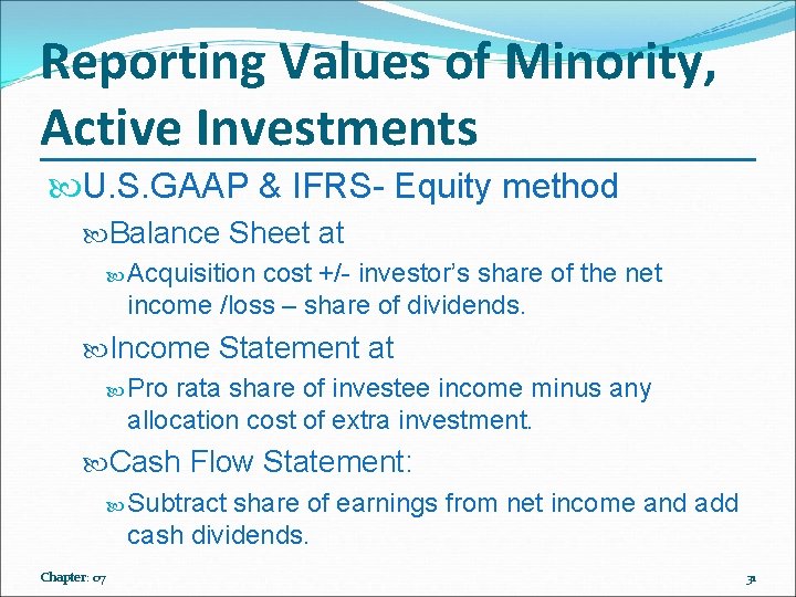 Reporting Values of Minority, Active Investments U. S. GAAP & IFRS- Equity method Balance