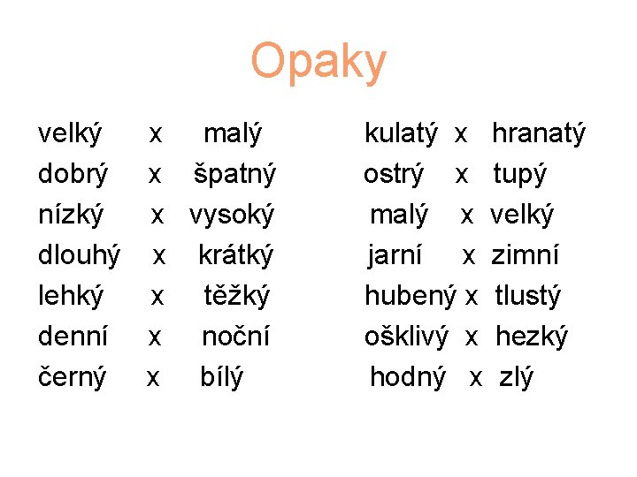 Opaky velký dobrý nízký dlouhý lehký denní černý x malý x špatný x vysoký