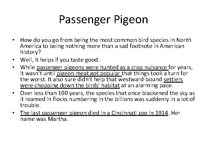 Passenger Pigeon • How do you go from being the most common bird species