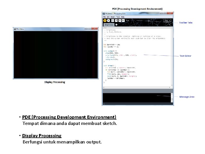  • PDE (Processing Development Environment) Tempat dimana anda dapat membuat sketch. • Display