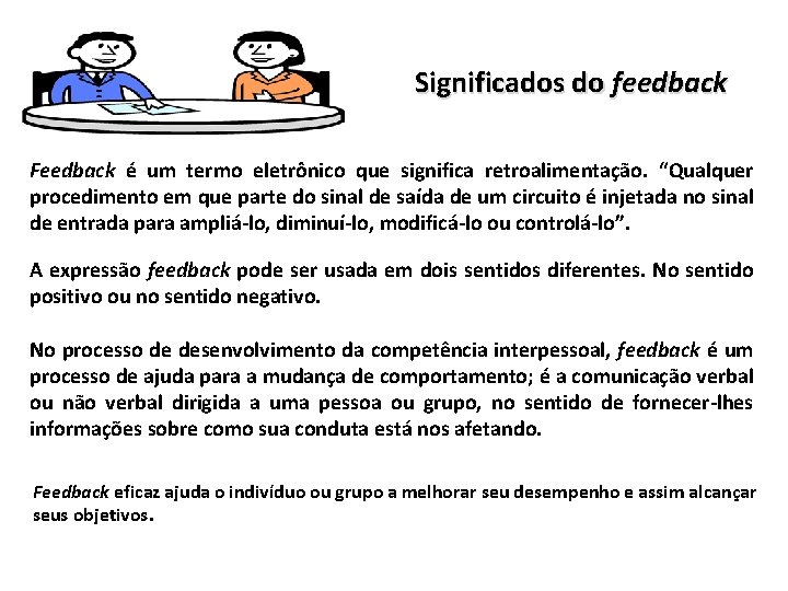 Significados do feedback Feedback é um termo eletrônico que significa retroalimentação. “Qualquer procedimento em