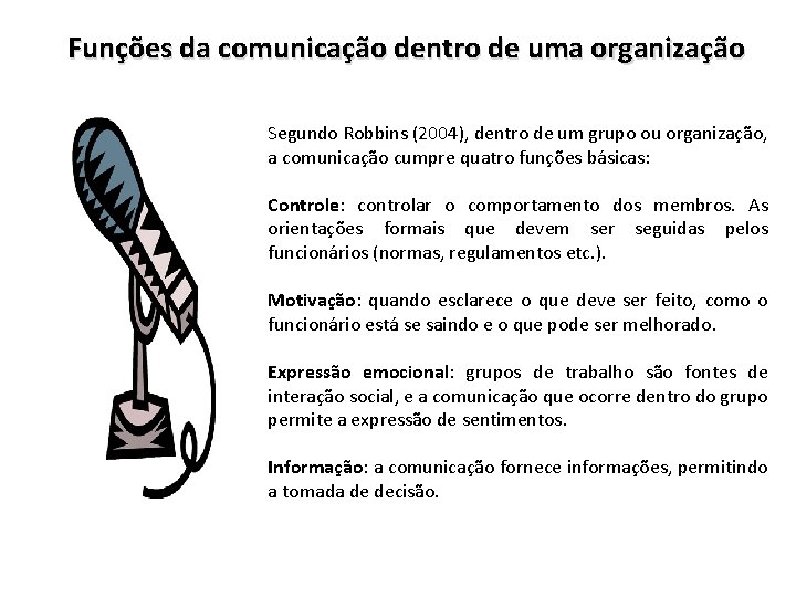 Funções da comunicação dentro de uma organização Segundo Robbins (2004), dentro de um grupo