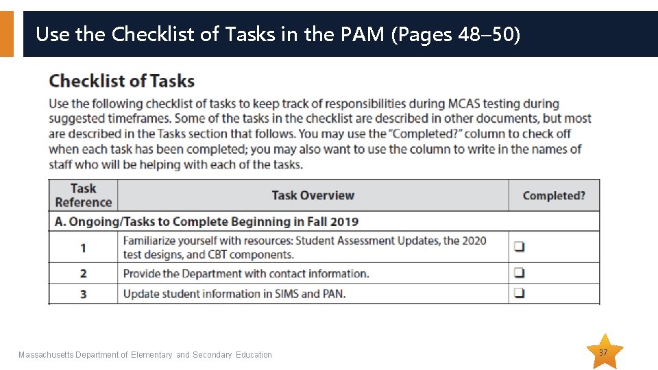 Use the Checklist of Tasks in the PAM (Pages 48– 50) Massachusetts Department of Use the Checklist of Tasks in the PAM (Pages 48– 50) Massachusetts Department of