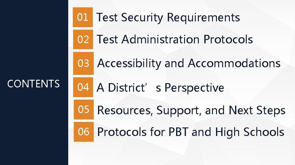 01 Test Security Requirements 02 Test Administration Protocols 03 Accessibility and Accommodations CONTENTS 04 01 Test Security Requirements 02 Test Administration Protocols 03 Accessibility and Accommodations CONTENTS 04