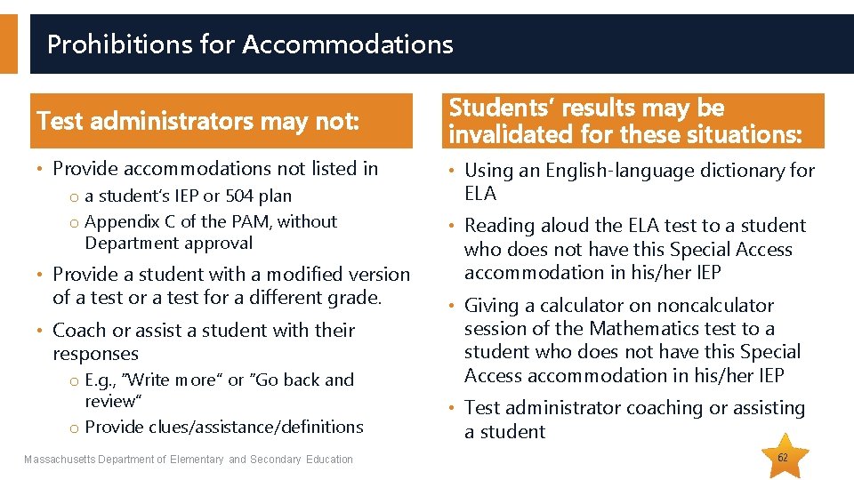 Prohibitions for Accommodations Test administrators may not: • Provide accommodations not listed in o Prohibitions for Accommodations Test administrators may not: • Provide accommodations not listed in o