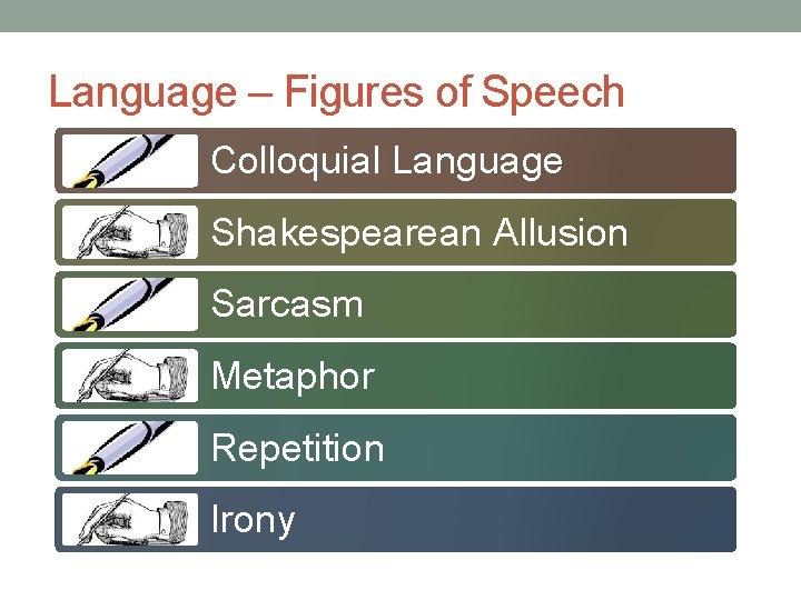 Language – Figures of Speech Colloquial Language Shakespearean Allusion Sarcasm Metaphor Repetition Irony 
