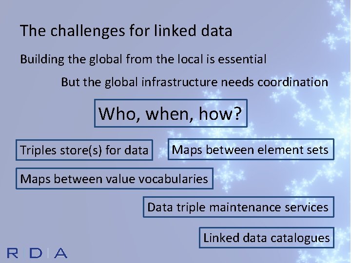 The challenges for linked data Building the global from the local is essential But