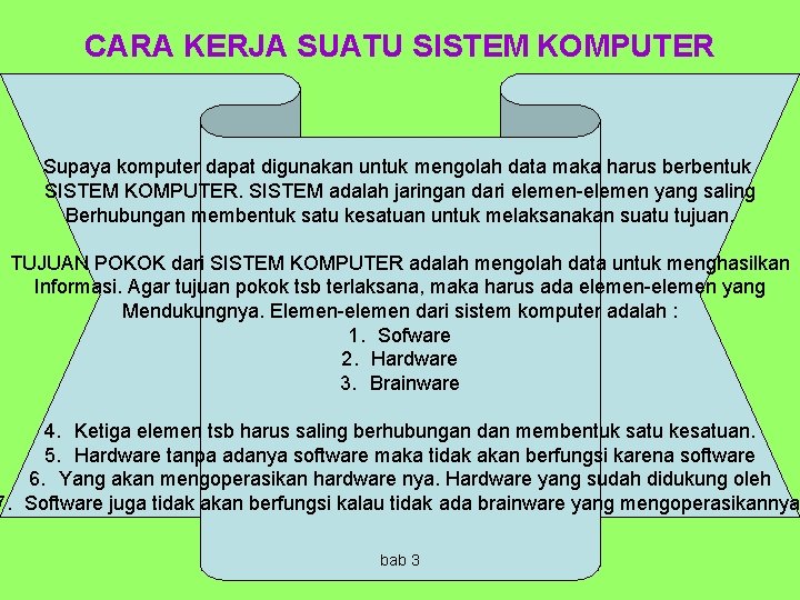 CARA KERJA SUATU SISTEM KOMPUTER Supaya komputer dapat digunakan untuk mengolah data maka harus