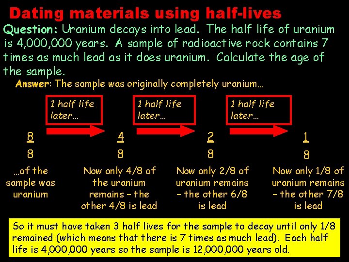 Dating materials using half-lives Question: Uranium decays into lead. The half life of uranium