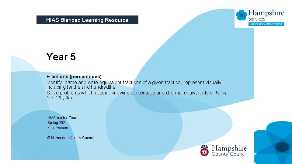 HIAS Blended Learning Resource Year 5 Fractions (percentages) Identify, name and write equivalent fractions