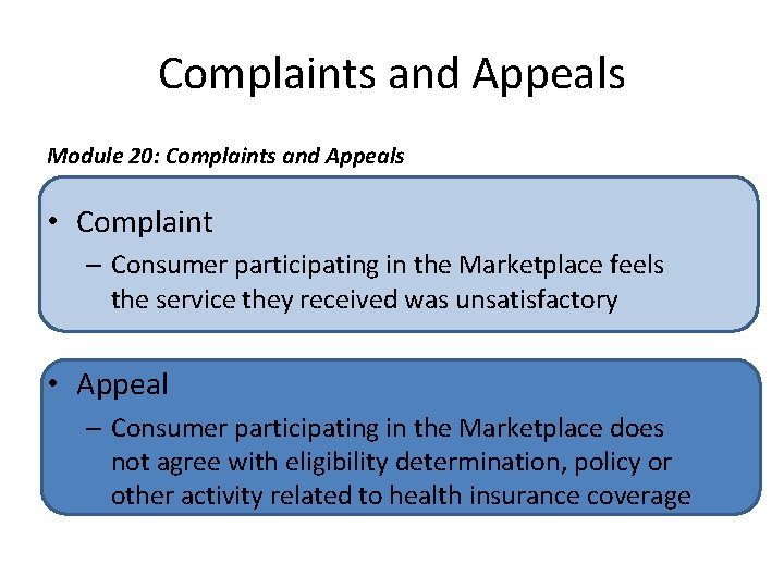 Complaints and Appeals Module 20: Complaints and Appeals • Complaint – Consumer participating in