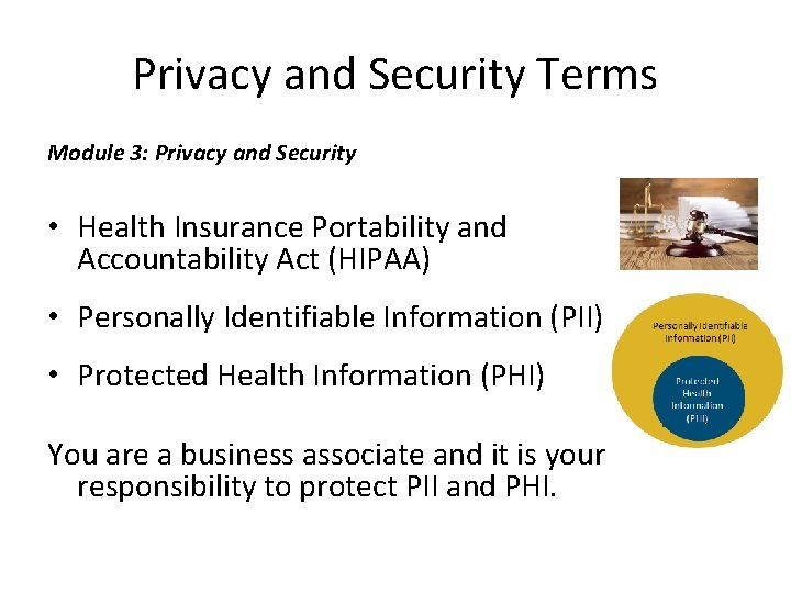 Privacy and Security Terms Module 3: Privacy and Security • Health Insurance Portability and